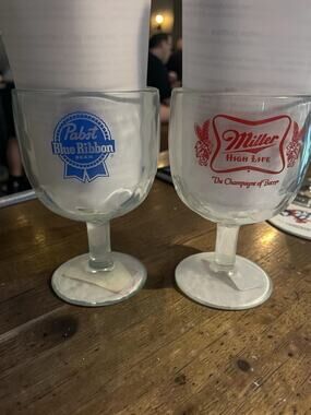 Set of 2 1 Pabst Blue Ribbon & 1 Miller High Life Pedestal Beer Glasses 1970's